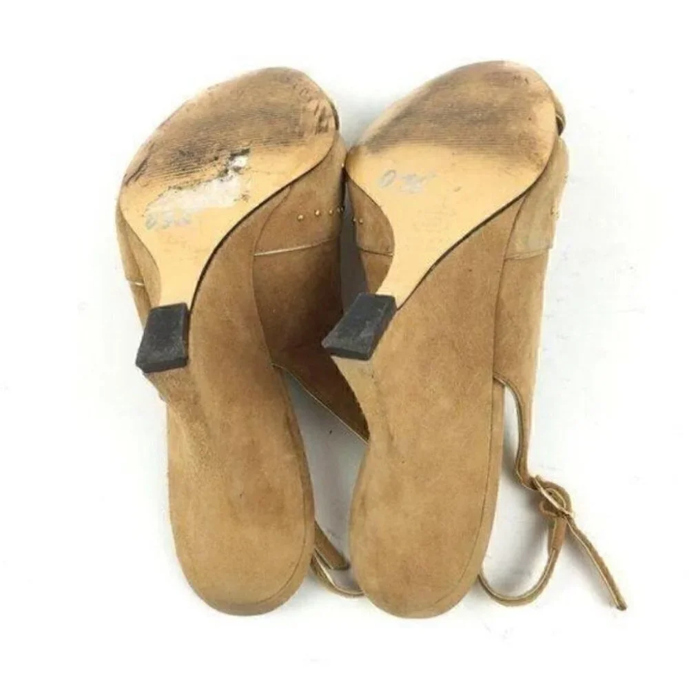 Nina Heels Size 8 38 tan Suede Studded Peep Toe Wedges